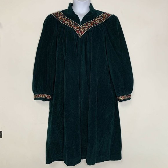 VTG Vanity Fair Green Fleece Nightgown Zip Robe Embroidery Long Sleeve Size XL - Picture 1 of 7
